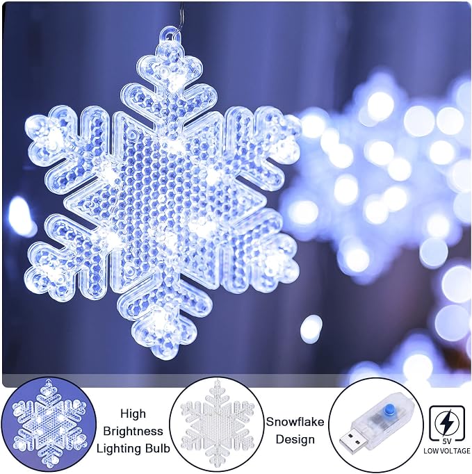 BLOOMWIN Christmas Fairy Curtain Lights 9.8ft Snowflake Lights USB Christmas Indoor Decorations 204LEDs Twinkle Lights with Remote for Bedroom Xmas - Cool White