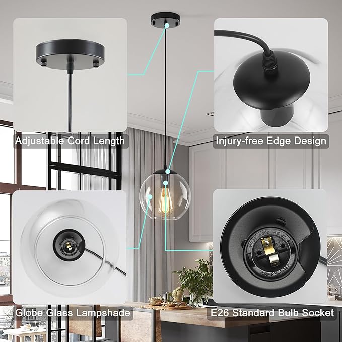 Globe Pendant Light, Modern Hanging Lighting Fixture, Classic Cluster Chandelier with Clear Glass Shades(Black, 1 Lights, 4.7 Inch)
