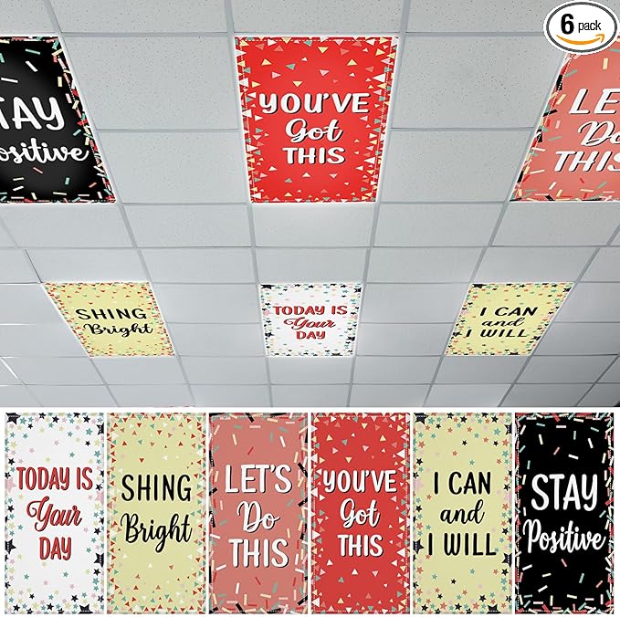 QOUBAI 6Pcs Fluorescent Light Covers, 4x2 Feet Magnetic Light Cover Fluorescent Light Shade Panel Positive Inspirational Ceiling Lights Filters for Office Classroom Home Drop Ceiling Colorful Confetti