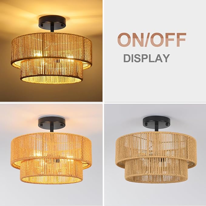 Rattan Ceiling Light Fixture Modern Boho Chandelier Flush Mount Ceiling Light 3-Lights 12.99",Boho Woven Wicker Light Fixtures for Hallway Bedroom Living Room Entryway Kitchen Island
