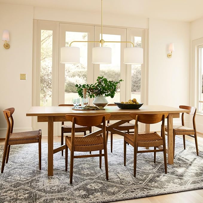 Electro bp 3-Light White Linen Drum Shade Chandelier with Polished Gold Metal Linear Pendant Light Fixture for Kitchen Island, Dining Table, E26, 180W