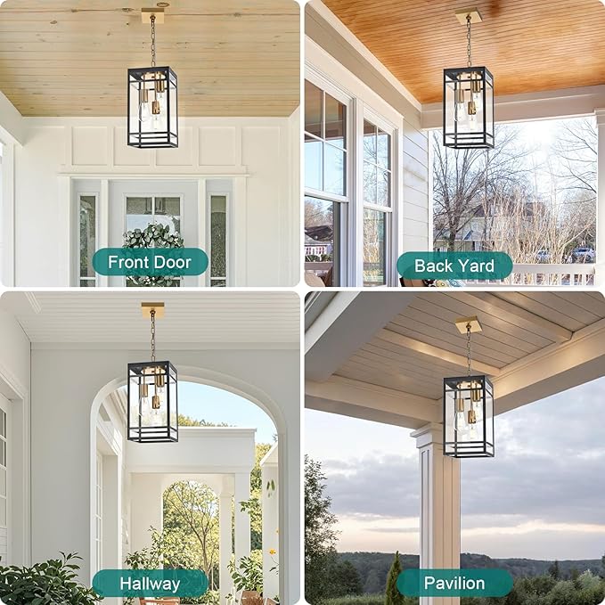 Large Outdoor Pendant Light Fixture for Porch, Black Brass Outdoor Hanging Lantern Pendant Light with Clear Glass, 3 Lights Exterior Porch Chandelier for Outside Patio,Front Door,Enterway