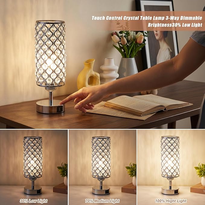 Crystal Table Lamp with USB C+A Charging Ports for Phone&Clock&Headphone, Bedside Lamps with Touch Control, Modern Design Small Lamp for Bedroom, Living Room(Sliver)