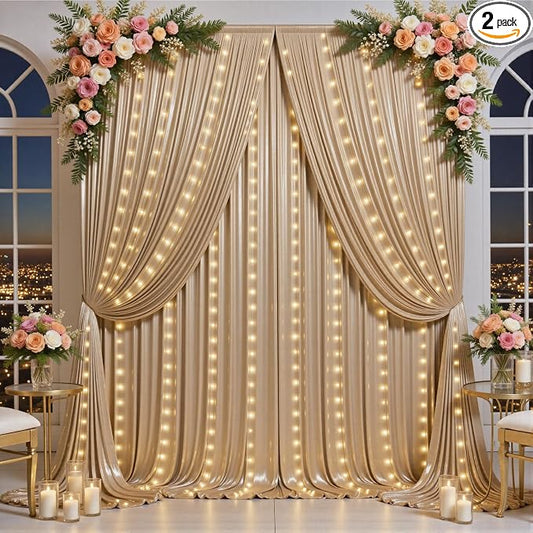 Outpain 10x10ft Champagne Sequin Backdrop Curtains with Light -Lighted Up Champagne Photo Backdrops with Non-Shedding Glitter, Wrinkle-Free Drapes for Wedding/Christmas/Studio(5x10ft 2 Panels)
