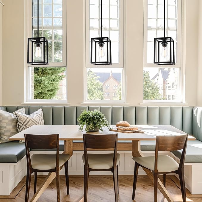Matte Black Farmhouse Pendant Light Fixtures, Pendant Lights for Kitchen Island, Rectangle Linear Metal Hanging Lighting Fixture Ceiling Mount with Clear Glass Shade E26 Base for Dining Room, 3 Pack
