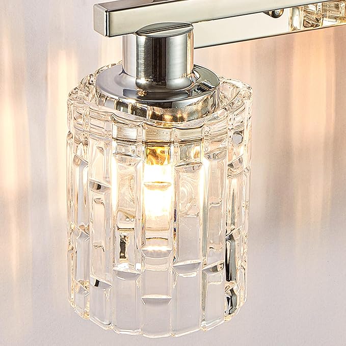 2 Light Silver Chrome Bathroom Vanity Light Over Mirror, Modern Vanity Lighting with Crystal Glass Shade, Wall Mount Bathroom Light Fixtures, E26 Base