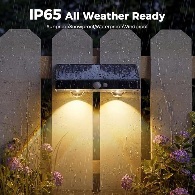 kolpop Warm White Solar Fence Lights Outdoor,Fence Lights Solar Powered with Motion Sensor,IP65 Waterproof,3 Modes LED Solar Lights for Patio,Backyard,Railing,Wall,Nighttime,Party,Pool,4 Pack
