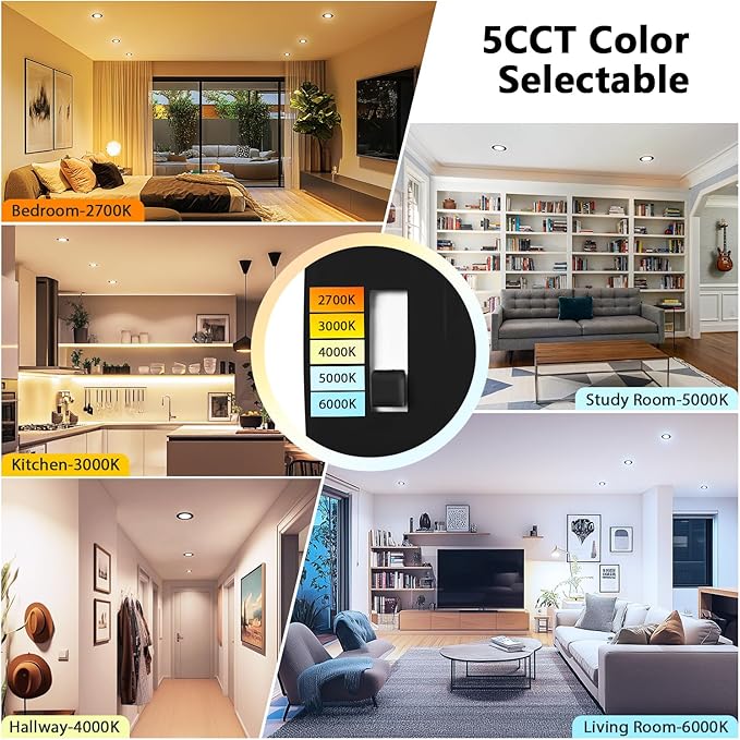 LVWIT Black LED Recessed Light 4 Inch, Can Lights Color Selectable 2700/3000/4000/5000/6000K 5CCT, 6W=85W,700LM,Dimmable Downlight with E26 Conversion Kit, 6 Pack,IC Rated