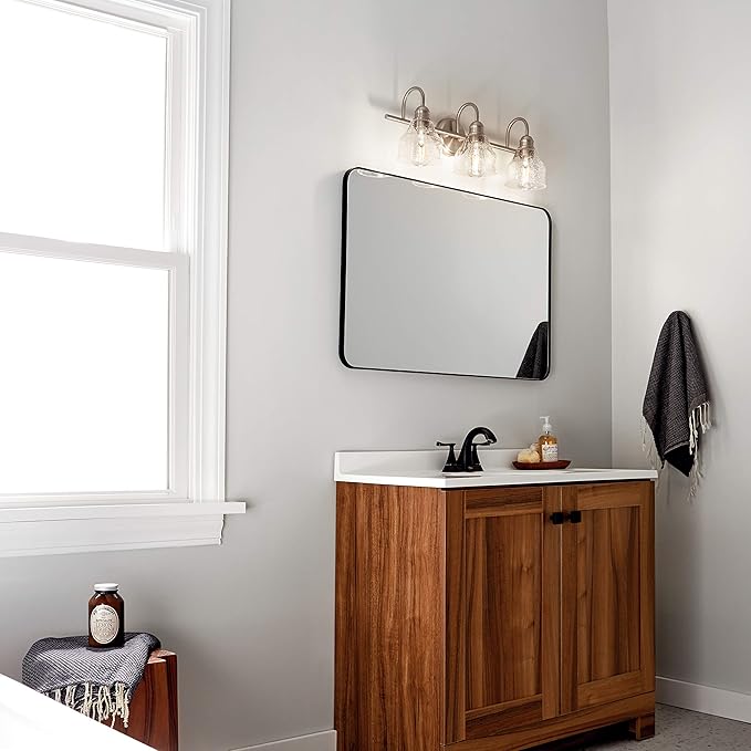 Kichler Avery 24" Vanity Bath Light in Brushed Nickel, Vintage 3-Light Bathroom Wall Mount Fixtured with Clear Seeded Glass, (24" W x 9.25" H), 45973NI