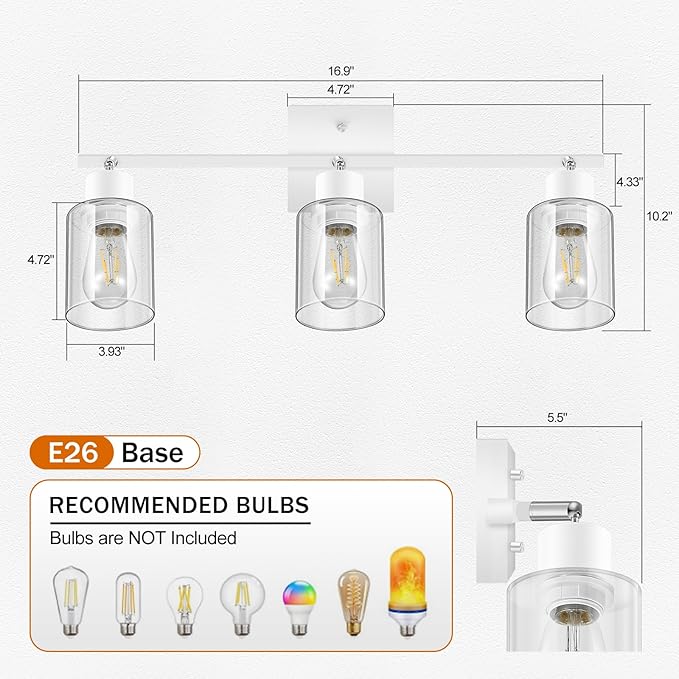 BoostArea White LED 3 Light Track Lighting Kit, 3 Way Ceiling Spot Lighting with Glass Lampshade, Flexibly Rotatable Light Head for Kitchen, Living Room, Bedroom, Bulb Not Included