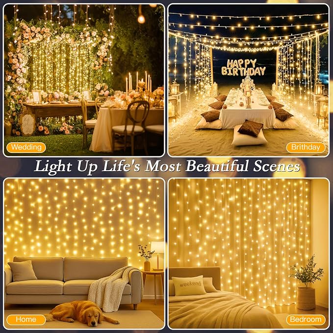300 LED Warm White Curtain String Lights 9.8x9.8FT, Plug in Fairy Lights with 9 Hooks, Dimmable, Timer & 8 Modes, IP44 Waterproof, Bedroom Wall Wedding Backdrop Christmas Indoor Outdoor Decor