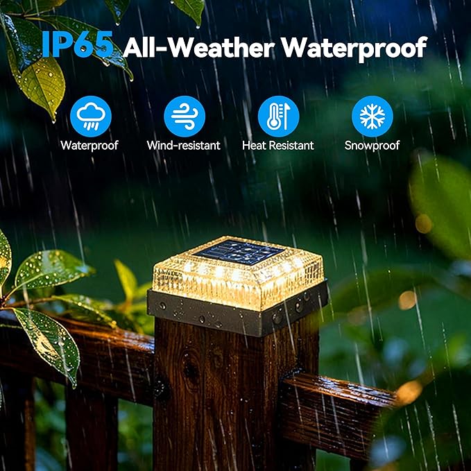 Solar Post Cap Lights, 2-Pack Upgraded Outdoor Deck Fence Post Solar Lights for 4x4 Wood/Vinyl Posts, IP65 Waterproof, 10-12 Hours Warm/Cool White Glow for Garden/Patio/Porch- Ink Black
