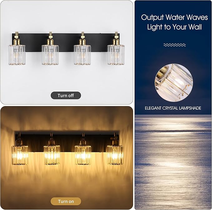 She's home 4 Light Crystal Vanity Lights for Bathroom - Black and Gold Modern Bathroom Vanity Lights Over Mirror 28 Inch, Bathroom Wall Lighting E26 Base