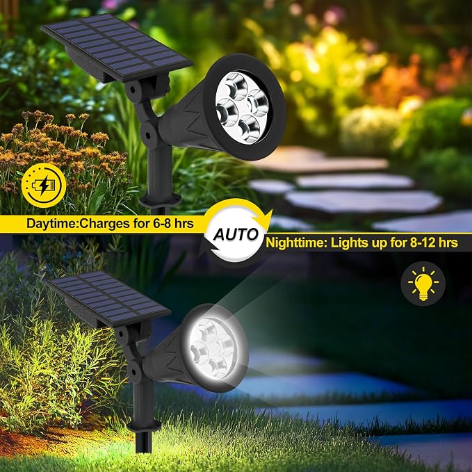 T-SUN Solar Spot Lights Outdoor, 2 Pack Solar Landscape Spotlights, Adjustable 2-in-1 Spotlights for Yard & Garden, IP65 Waterproof Dusk to Dawn Solar Lights for Trees, Pathway, Driveway(White-2 Pack)