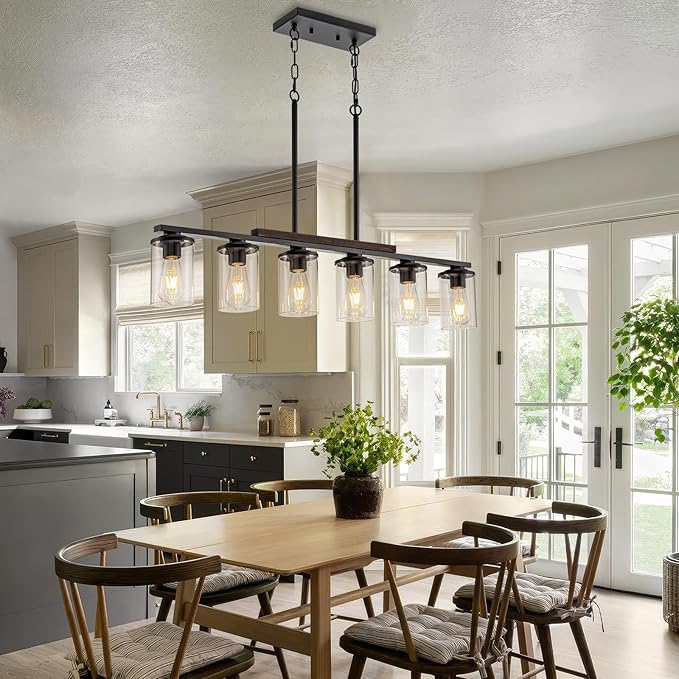 40.15'' Large Dining Room Chandelier Over Table, 6-Light Farmhouse Dining Room Light Fixture Kitchen Island Lighting, Wood Island Lights Black Farmhouse Chandeliers for Dining Room with Glass Shades