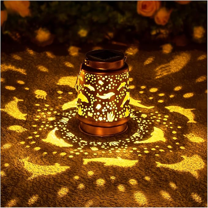 Dolphin Solar Lanterns Outdoor Waterproof Hanging Solar Lights Dolphin Gifts for Women Men Metal Decorative LED Dolphin Lanterns for Garden Decor,Yard,Patio,Lawn,Tabletop,Pathway,Landscape