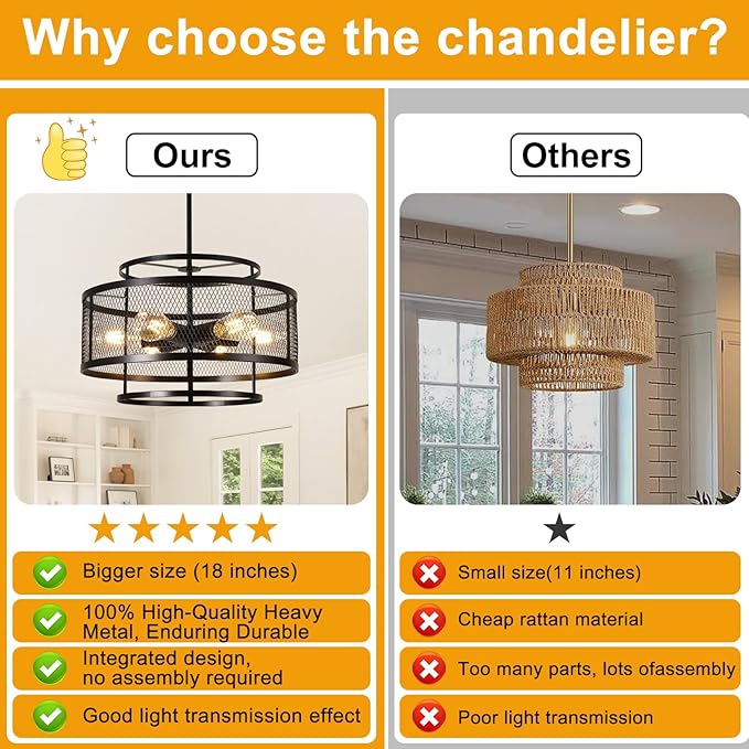 18" Black Chandeliers for Dining Room, 6-Light Farmhouse Pendant Light Fixtures, Industrial Hanging Pendant Lights Fixture for Kitchen Island Dining Room Living Room Bedroom Hallway Entryway