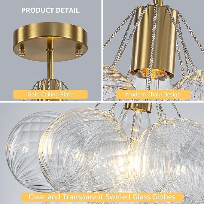Semi Flush Mount Chandelier Gold-Special Bubble Flush Mount Ceiling Light 14.17" Modern Mid Century Ceiling Light Fixtures With 9 Clear Swirled Glass Ball for Bedroom Foyer kitchen, Include E26 Blub