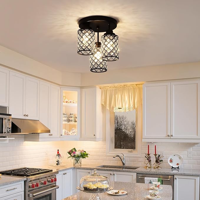 Semi Flush Mount Ceiling Light, 3-Light Close to Ceiling Light Fixtures with Crystal Metal Shade, Modern Crystal Chandelier for Bedroom Entryway Kitchen Hallway