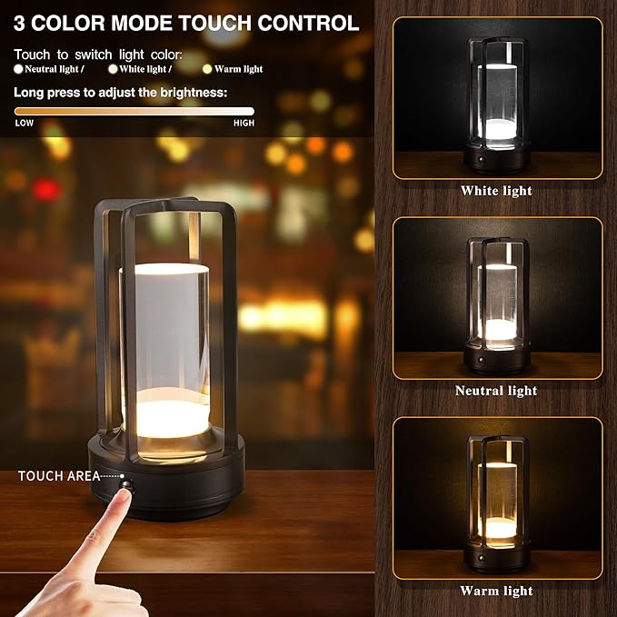 Anxingtools Portable Metal Table Lamp, Cordless Table Lamp, Rechargeable Battery Powered Portable LED Desk Lamp, 3 Color Stepless Dimming Touch, for Bedroom Restaurant Home Outdoor (Grey)