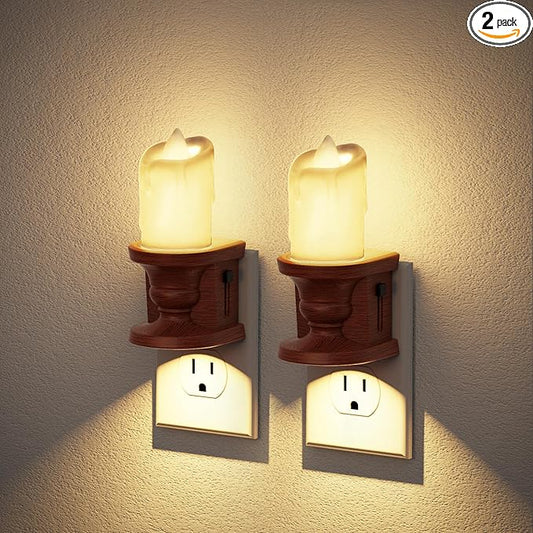 JandCase Nightlight Flameless Candle, 2 Pack Night Lights Plug into Wall, 0-100LM Dimmable Nightlight, 3000K Soft White, LED Candle Night Light with Light Sensor, for Kids Hallway Bathroom