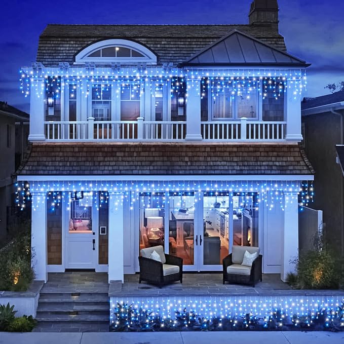 Icicle Lights for Outside - 33FT 400 LED Icicle Christmas Lights Outdoor with 75 Drops 8 Modes, Waterproof Connectable Curtain Hanging Lights for Indoor Roof Yard Xmas Decorations, Blue and White