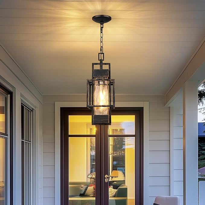 15" Outdoor Indoor Pendant Light Exterior Hanging Lantern, Modern Black Metal Outside Chandelier Light Fixture Ceiling Mount with Water Glass for Front Porch Entrance Foyer Entryway, Black Brush Gold