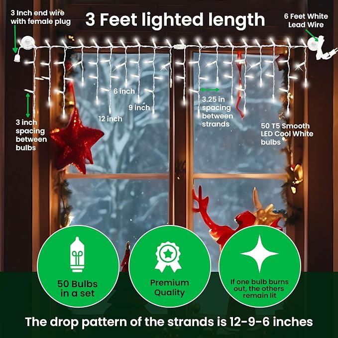 Christmas LED Twinkle Window Icicle Lights - 3 Feet (0.91 m) - 8 of 50 Bulbs Twinkle Random - 50 LED Cool White Bulbs - Indoor Outdoor - Twinkling Icicle Christmas Lights