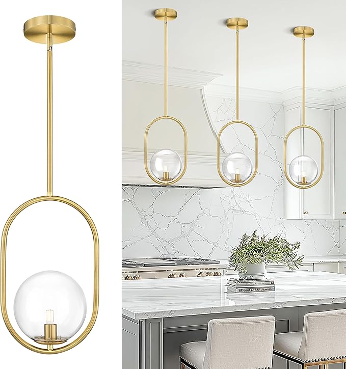 AUTELO Gold Pendant Lights, 1-Light Pendant Lights Kitchen Island in Brushed Gold Finish with Clear Globe Glass, Mid Century Pendant Light Fixtures, Gold Hanging Lights for Kitchen Island H9376 CLBG