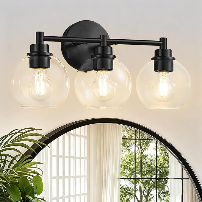 Black Bathroom Vanity Lights, 3-Light Wall Sconce with Glass Globe Shade, Vanity Lighting for Bathroom/Bedroom/Dressing Room, Vertical/Horizontal Mounted, E26 Bulb Base (Bulb Not Included)