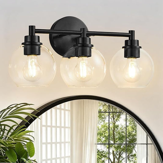 Black Bathroom Vanity Lights, 3-Light Wall Sconce with Glass Globe Shade, Vanity Lighting for Bathroom/Bedroom/Dressing Room, Vertical/Horizontal Mounted, E26 Bulb Base (Bulb Not Included)