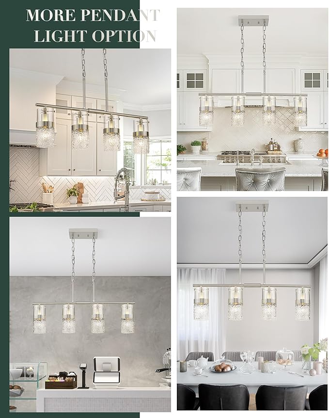 LMS 4-Light Brushed Nickel Island Chandelier Lights for Kitchen, Mid Century Pendant Light with Hammered Glass Shade, Farmhouse Dining Room Light Fixture, Kitchen Island, LMS-171BN-4