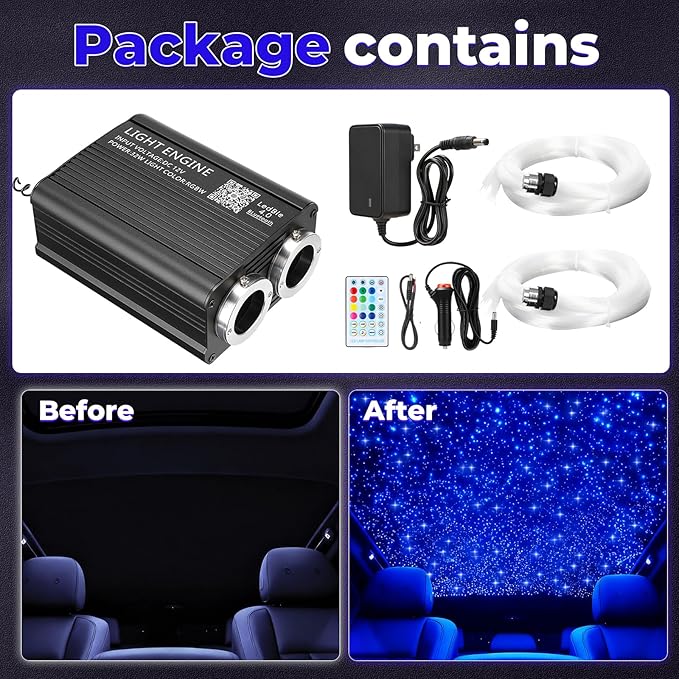 32W Headliner Light Kit, Twinkle Starlights for Car Decor 1000pcs 0.03in 9.8ft, Fiber Optic Star Ceiling Lights APP/Remote Control, Music Sync & Sound Activated RGBW for Car & Home Ceiling