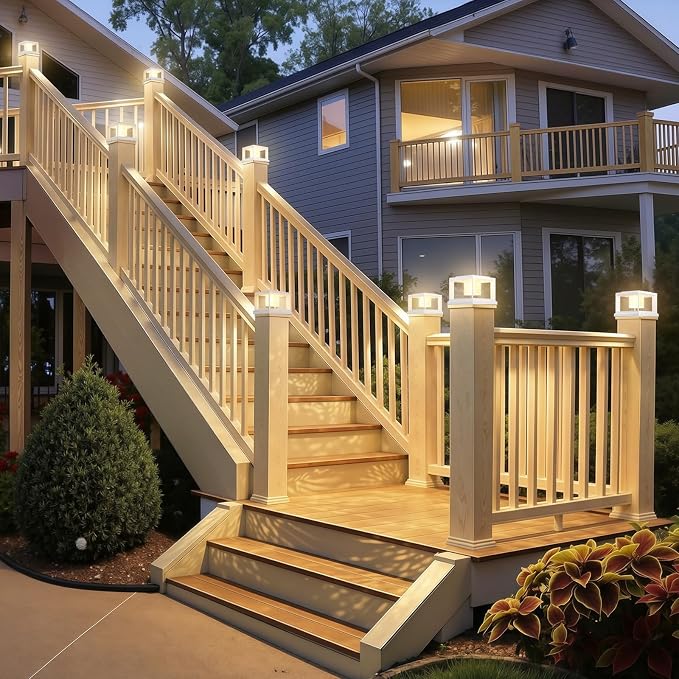 FOLKSMATE Solar Post Cap Lights 12 Pack, 2 Lighting Modes Cool/Warm White Outdoor Solar Powered, Waterproof Fence Deck Lights for 4×4 3.5×3.5 Wood Vinyl Posts, for Garden Patio Porch Decor, White