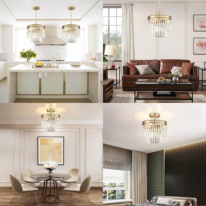 MEXO Crystal Chandelier Lighting Fixture Gold Finish 2-Tier Hanging Pendant Ceiling Lights for Living Room Bedroom Dinning Room Hallway