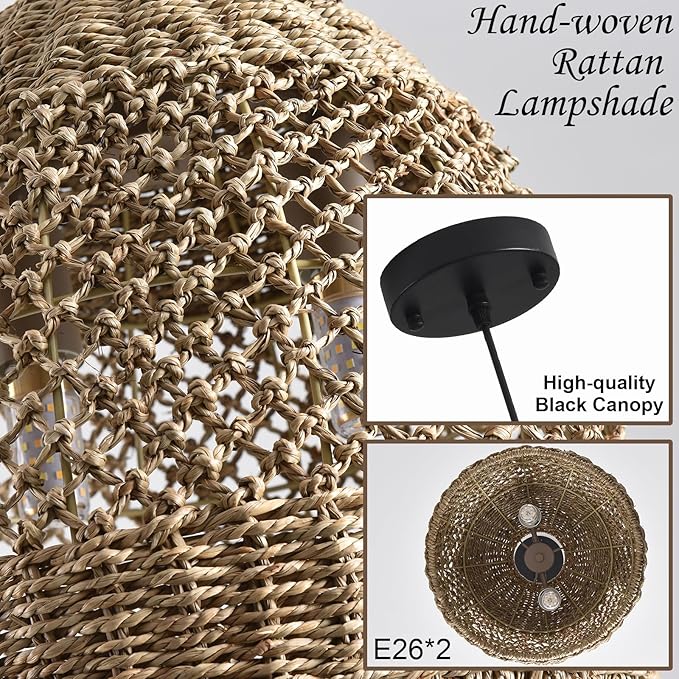 2-Light 13” Rattan Pendant Light, Boho Hand-Woven Light Fixtures, Natural Seagrass Wicker Rattan Hanging Chandelier for Farmhouse Kitche Dining Living Bedroom Foyer