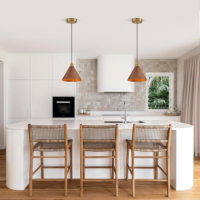 2 Pack Pendant Lights Kitchen Island, 8.3” Modern Pendant Light, Adjustable Height Wood Hanging Light, Kitchen Island Light fixtures for Dining Room, Bedroom, Hallway, Bar (Walnut)