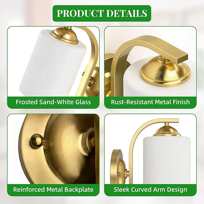 Wall Sconces Lights Lamp for Bedroom Bathroom, Modern Vanity Light Fixtures, Gold Farmhouse Wall Mount Lighting Lanterns with Glass Shade for Living Room Mirror Hallway Kitchen