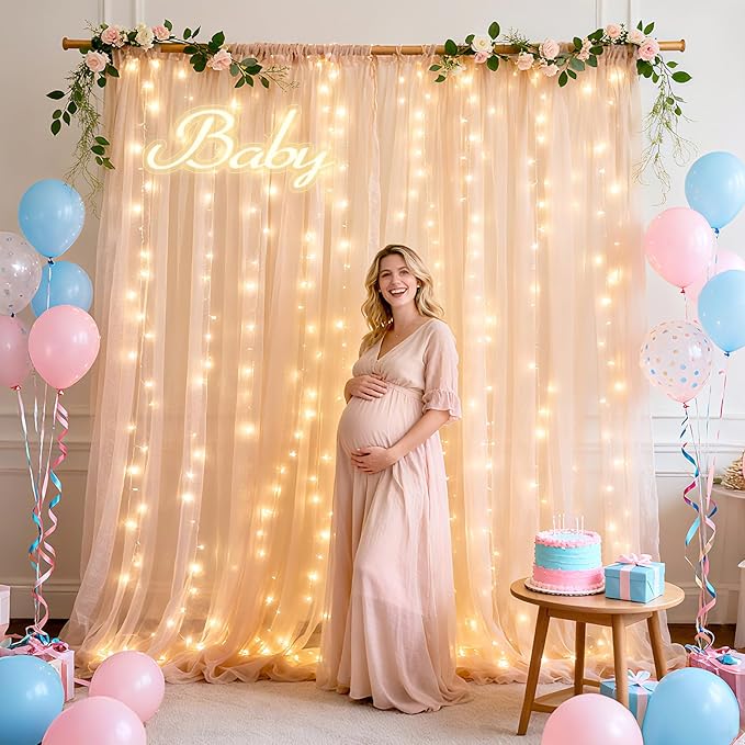 Ledido 2 Pack 10×10ft Black Tulle Backdrop Curtains with Lights String - 600LED Fairy Lights Sheer Curtain Backdrop for Wedding Baby Shower Photo Shoot Birthday Party Decoration(4 Panels 5×10ft)，Black