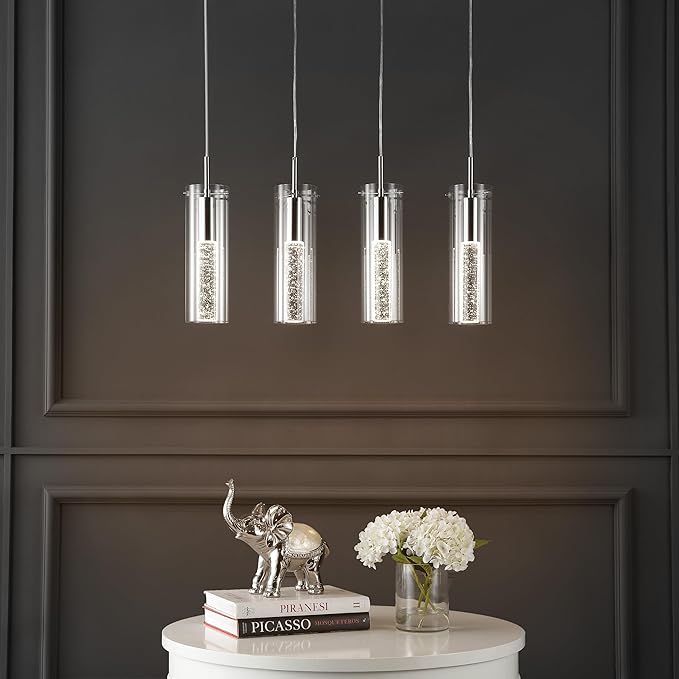 JONATHAN Y 29.5" Chrome 4-Light Modern Integrated LED Linear Pendant Light, Clear Glass Shades, Glam Chandelier for Kitchen Island and Dining Room, Dimmable, Adjustable Height (JYL1706A)