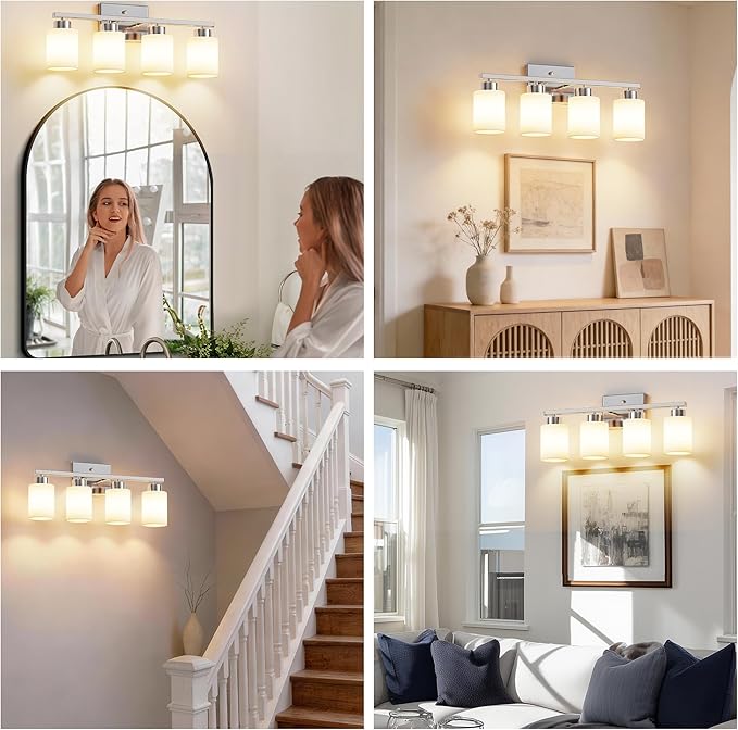 PARTPHONER 4-Light Brushed Nickel Bathroom Light Fixtures, Modern Vanity Light Over Mirror Lighting, Wall Sconce with Frosted Milky White Glass Shades for Bedroom Living Room Kitchen Hallway
