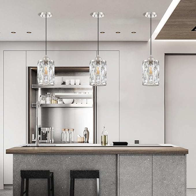 3 Pack 1 Light 5.4" Crystal Shade Hanging Kitchen Island Pendant Light Brushed Nickel Finish,Modern Pendant Fixture with Crystal Metal Shade for Bar,Dining Room,Living Room Over Sink