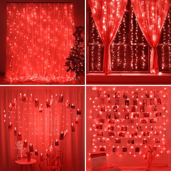 SUNNEST LED Curtain Lights Christmas, 300 LEDs 9.8FT x 9.8FT USB Curtain String Light with 8 Lighting Modes Wall Lights with Remote Control, Twinkle Light for Bedroom Decoration (Red)