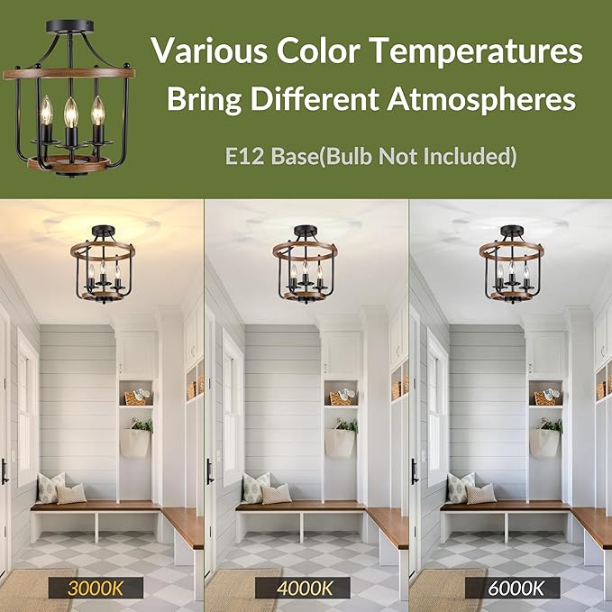 Farmhouse Semi Flush Mount Ceiling Light Fixtures, Industrial Rustic Ceiling Lamp Metal Cage Hallway Light Fixtures(3-Light Wood Finish)