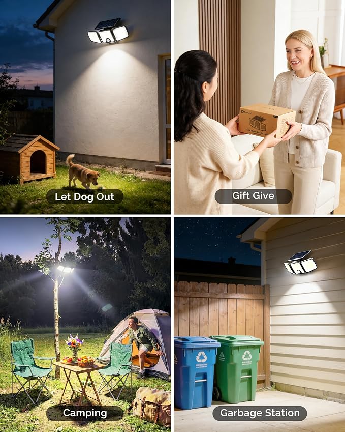 Brightown 2 Pack Solar Outdoor Lights, 2500LM 223 LED Solar Flood Outdoor Lights with Motion Sensor 3 Modes, 3 Head 270° Wide Angle Street Area IP65 Waterproof Security Wall Lights with Remote