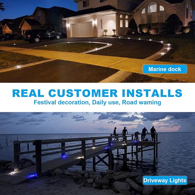 VOLISUN Solar Driveway Lights Dock Marine Lights 20 Pack,2 Colors in 1,Outdoor LED Deck Light,Solar Powered Waterproof Warning Step Light for Driveway Sidewalk Pathway (Blue/White),Saltwater Resistant