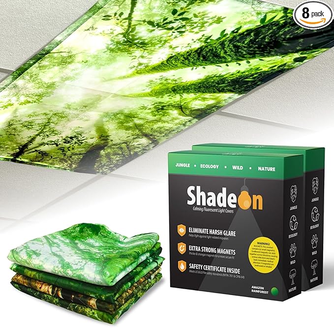 ShadeOn Fluorescent Light Covers for Ceiling Lights (8-Pack) - 2x4 ft Magnetic Light Covers for Ceiling Lights Classroom and Office, Glare Reducation for Fluorescent Lights - Amazon Rainforest