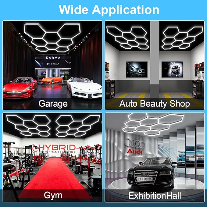 MODERN 11Grids Hexagon Garage Light: 48Pack 384W 47000LM High Brightness Hexagon Garage Lights-Easy Install Honeycomb Ceiling Lights for Warehouse, Gym Basement, Exhibition Hall