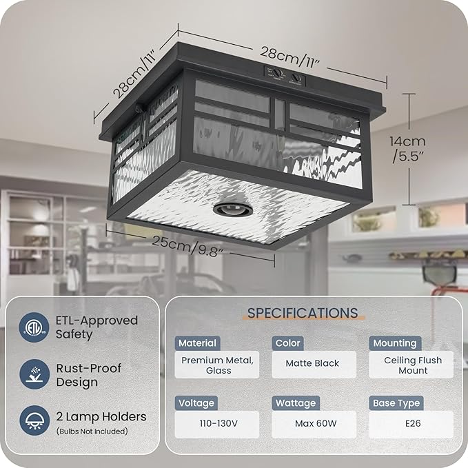 Infrared Sensor Outdoor Ceiling Light, Flush Mount Motion Sensor Ceiling Light, 2-Light Black with Ripple Glass, Bulbs Not Included, 4 Modes, for Porch, Garage, Hallway, Patio,BS07XD05W1
