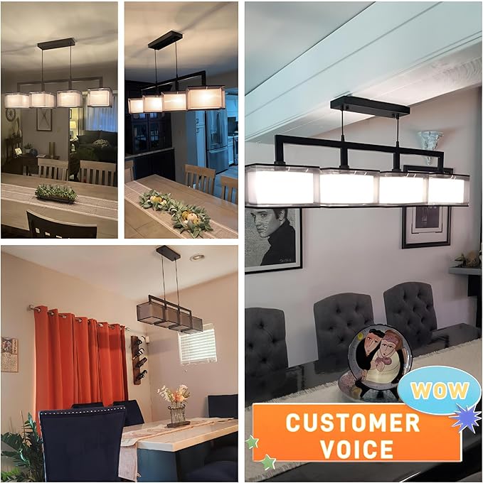 Linear Chandelier for Dining Room, Modern 4 Light Kitchen Island Lighting with Fabric Lampshade, Rectangular Chandeliers for Living Room Restaurant, Black, L44IN x W7IN x H12IN